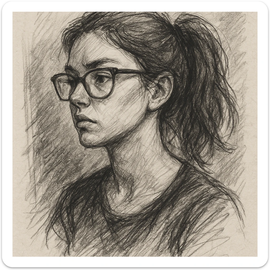 a woman with chestnut hair tied in a ponytail and black frame glasses, pencil sketch style sticker