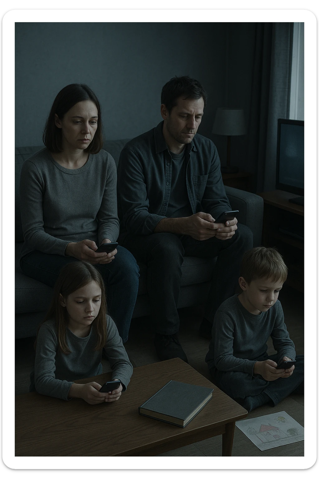 Famiglia composta da padre, madre e uno o due figli seduti nello stesso ambiente domestico (salotto o tavola da pranzo), ma ciascuno è assorto nei propri pensieri, con espressioni spente e distaccate. Nessuno si guarda o sorride. I colori dell’ambiente sono freddi e grigi, la luce è debole. Intorno a loro, simboli di disconnessione: telefoni in mano, TV accesa ma ignorata, silenzio. L’atmosfera è visivamente carente di calore emotivo. Nessun contatto fisico, postura rigida. Un dettaglio visivo come un album di foto chiuso sul tavolo o un disegno dei figli dimenticato sul pavimento accentua la mancanza di dolcezza e unione sticker