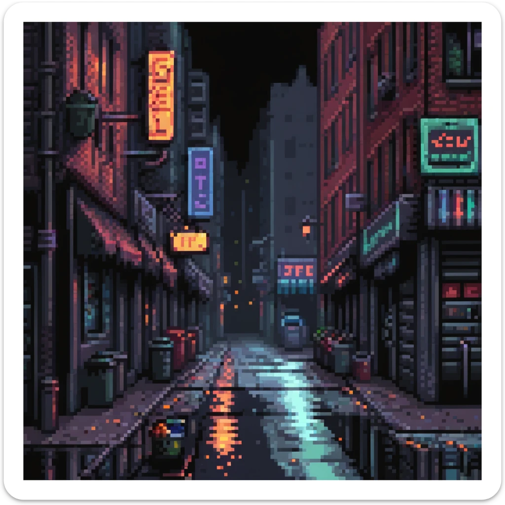 Pixel art background, side view of a dark Gotham-style street at night, moody lighting, flickering neon signs, trash bins, wet pavement, shadows in windows, 2D fighting game stage style, straight camera angle, vertical layout, 9:16 aspect ratio, suitable for mobile game
 sticker