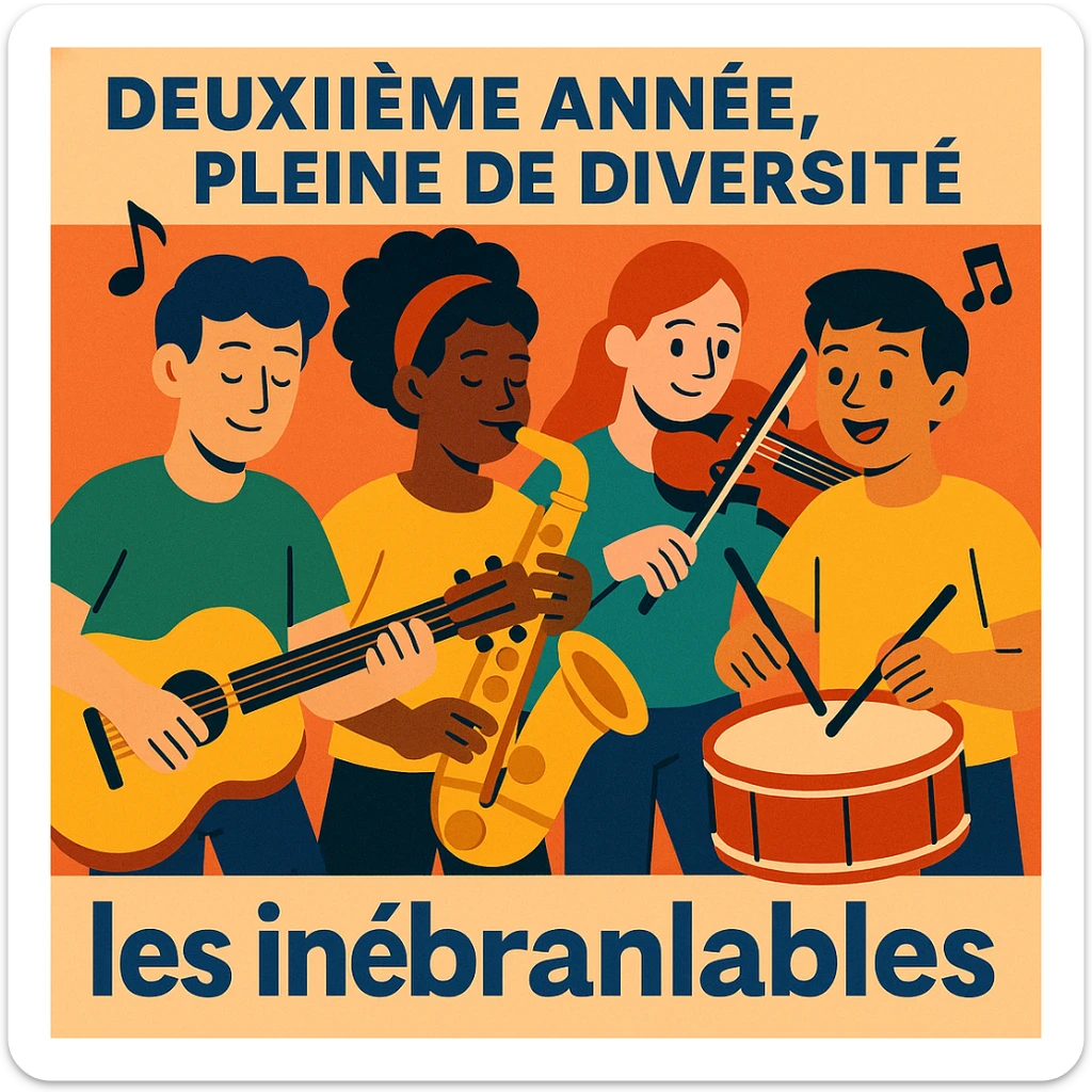 cover illustration of 4 students of different origins in a warm and friendly atmosphere, each holding a different musical instrument (guitar, saxophone, violin, drums), vibrant colors, dynamic composition, with the title 'Deuxième année, pleine de diversité' and the group name 'les inébranlables', musical illustration style sticker