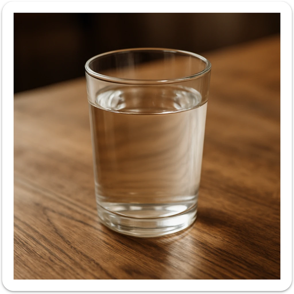 photo realistic glass of water on a wooden table sticker