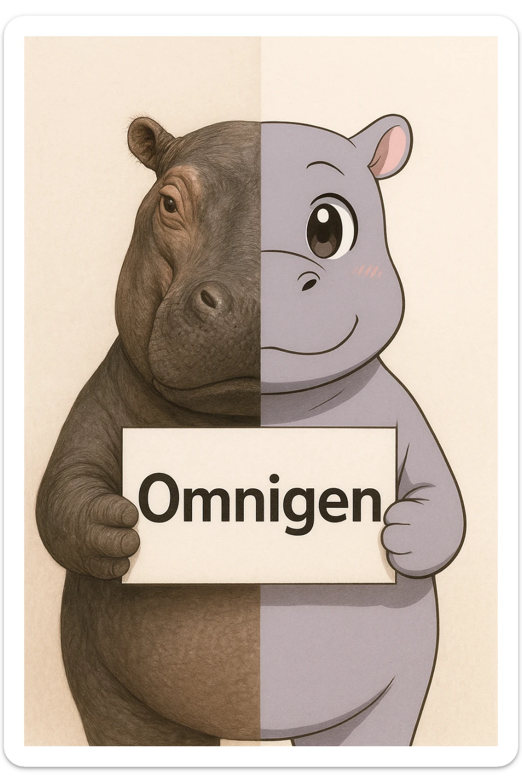 a hippo holding sign of omnigen, half picture hippo is realistic another hald is the anime of that same hippo sticker