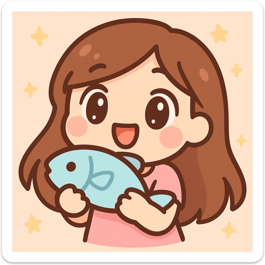 twitch emote of a cute cartoon girl with long brown hair holding a fish, digital art, bold outlines, exaggerated features, energetic pose sticker