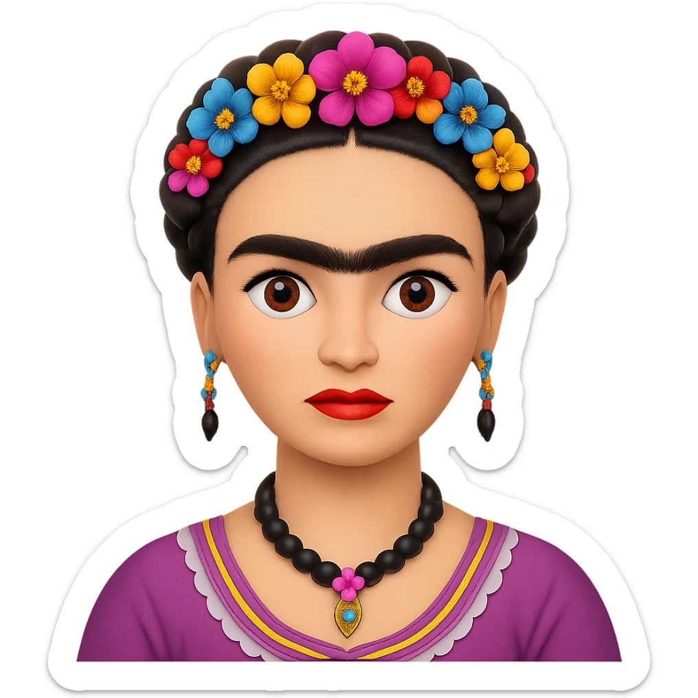 Add a more prominent unibrow to Frida Kahlo in the style of emoji. Keep the transparent background. sticker