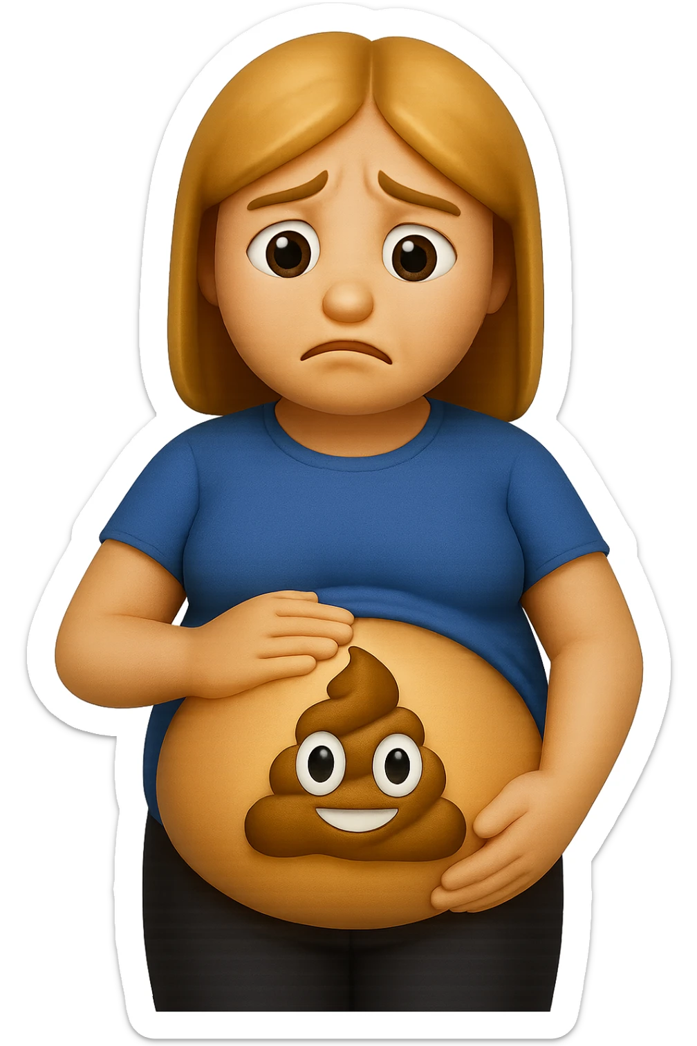 emoji stile iphone di una donna con pancia gonfia piena di cacche con gli occhi, iperrealistico 4k sticker