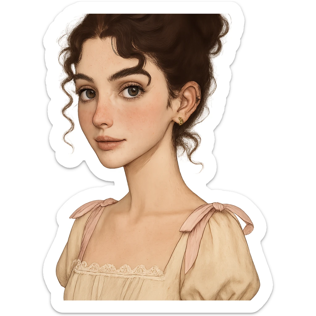 Portrait of a cute white-skinned girl with a V-shaped face and slim build, dark brown curly hair up to shoulder blades styled in a messy bun with two curly strands and a mini curl in front of each ear. Large almond-shaped brown eyes with a neutral to positive gaze, very long lashes, subtle straight brown eyeliner, brown waterline. Medium Greek nose, straight and slightly thick brown eyebrows, medium lips with light brown lipstick. Noticeable cute pink blush, few freckles on cheeks and nose, wearing coquette style clothing. Piercings: 1, 2, 3 lobes, helix and tragus on each ear. Neutral background. sticker