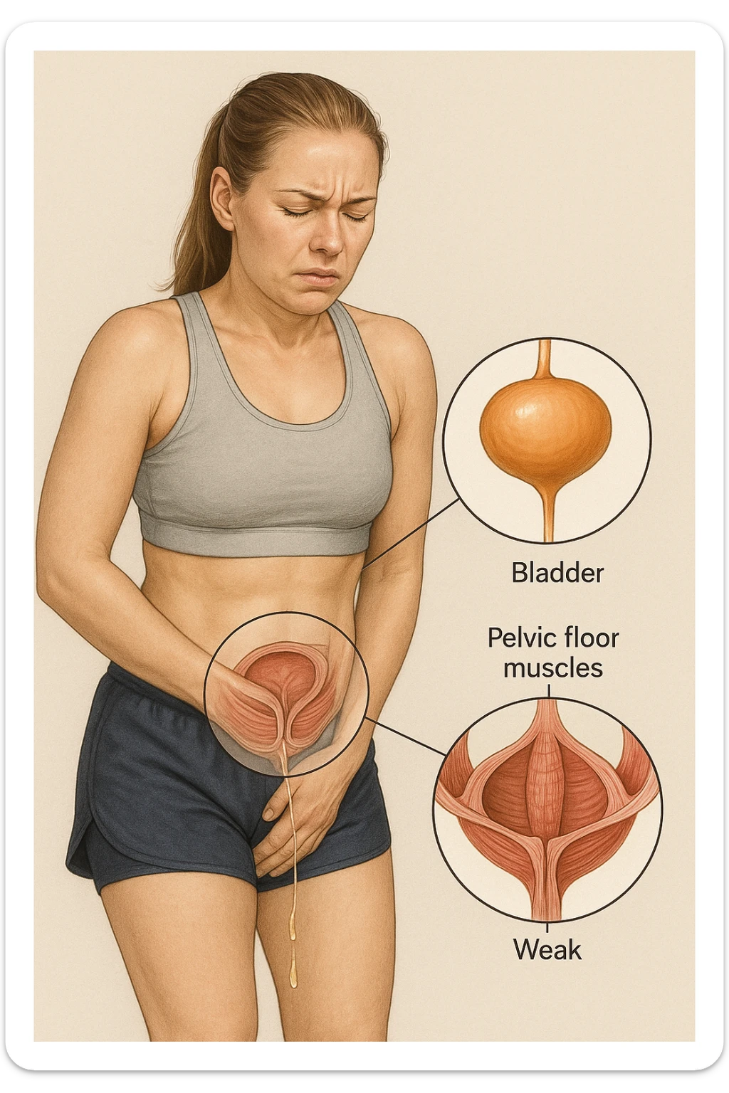 realistic anatomical illustration of a woman in sportswear inspired by reference photo, showing urinary incontinence from weak pelvic floor: highlighting bladder and pelvic muscles, medical style, neutral background sticker