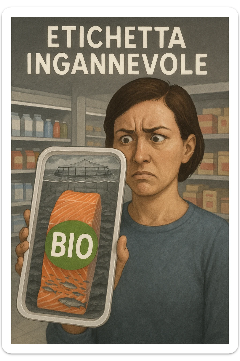 Scena in un supermercato moderno: uomo o donna tiene in mano una confezione di salmone etichettata 'BIO', con un grande bollino verde. Ma in trasparenza, dietro l’etichetta, si intravede un allevamento intensivo di salmoni in gabbie marine, acqua torbida e pesci ammassati. Espressione del cliente confusa e sospettosa. Sopra la testa, testo simbolico fluttuante: 'Etichetta ingannevole'. Colori contrastanti: confezione brillante ma realtà di fondo grigia e artificiale. Stile realistico con elementi simbolici forti realistico sticker
