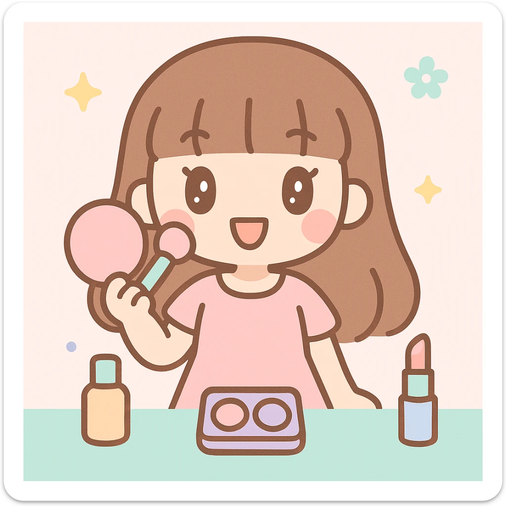 girl with brown hair in a hime cut, wearing a light pink dress, doing makeup, cute and expressive sticker