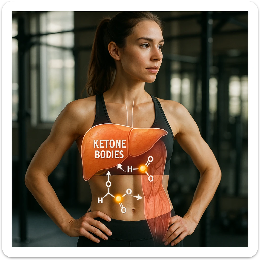 slim woman in 4K at the gym with transparent illustration showing active liver and muscles using ketone bodies as energy, highlighted ketone molecules sticker