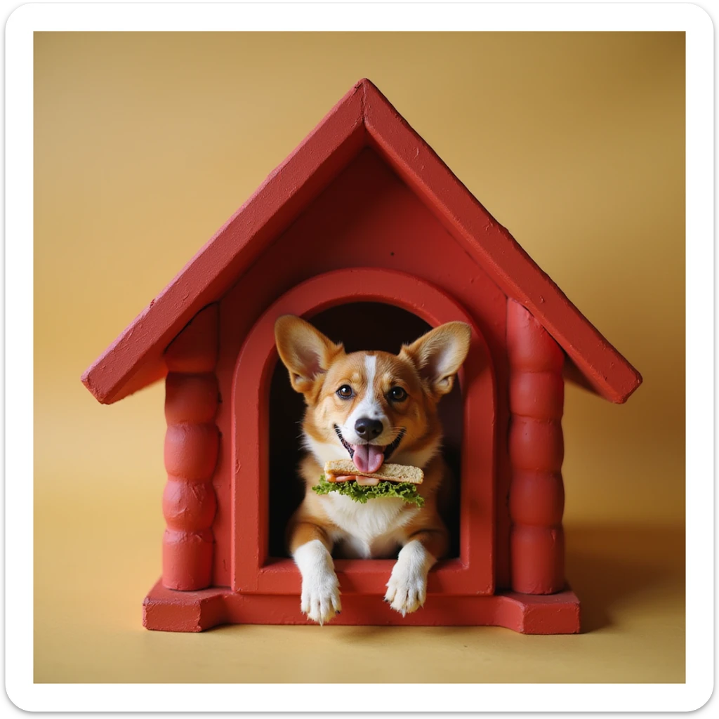 realistic red dog house with a Corgi dog inside, Corgi with a sandwich, photorealistic style sticker