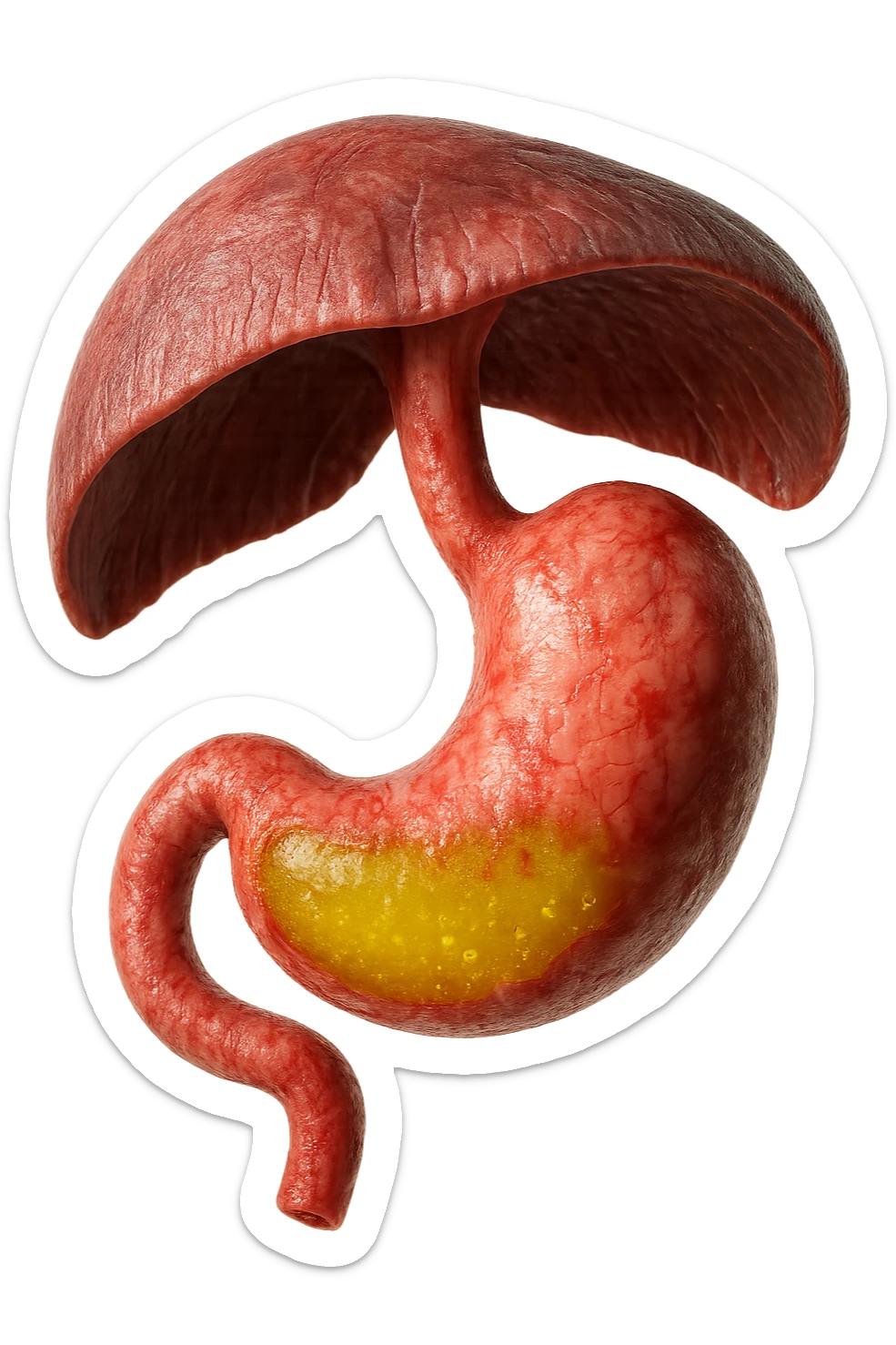 stomaco umano anatomico infiammato con acido giallo all'interno fluttua in aria insieme ad un diaframma umano, iperrealistico 4k, isolato su sfondo bianco sticker