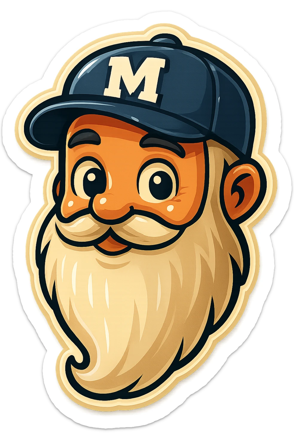 Add the letter M to the baseball cap in the style of YouTube chat emoji (retro stickers style) with a transparent background. sticker