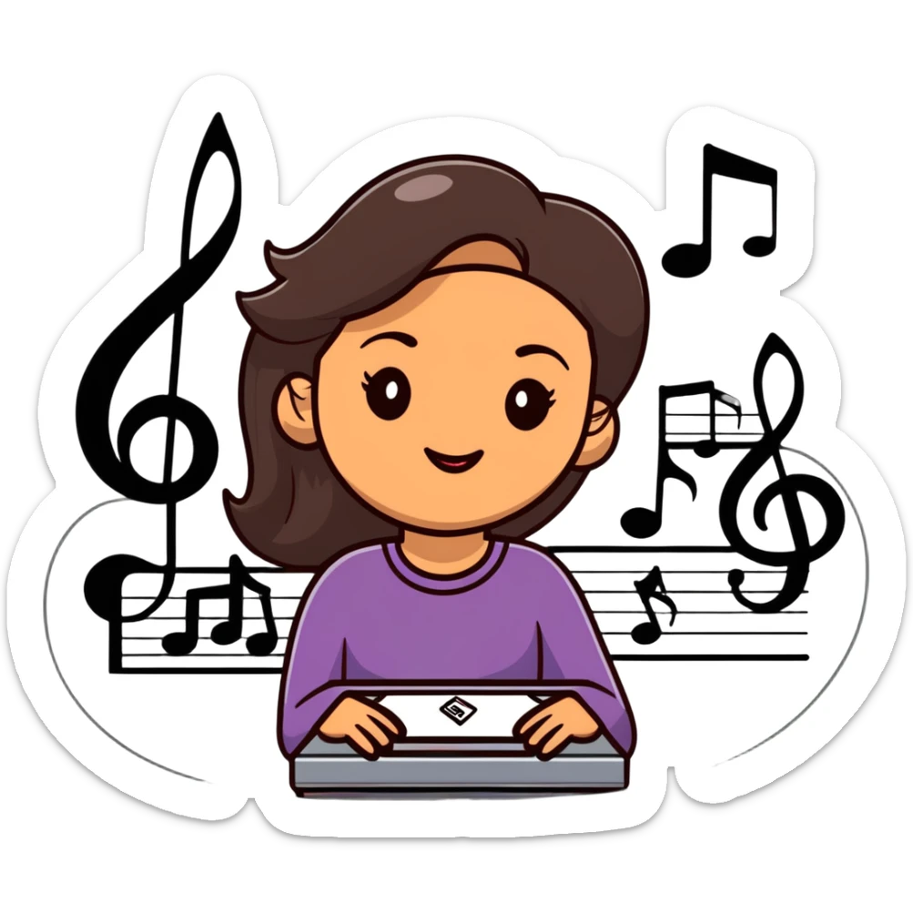 confident young morena woman, medium-brown skin, long straight dark brown hair, thick eyebrows, almond-shaped dark brown eyes, full lips, gentle smile, surrounded by musical notes, treble clefs, sound waves, dreamy colorful illustration, sticker-like white outline sticker