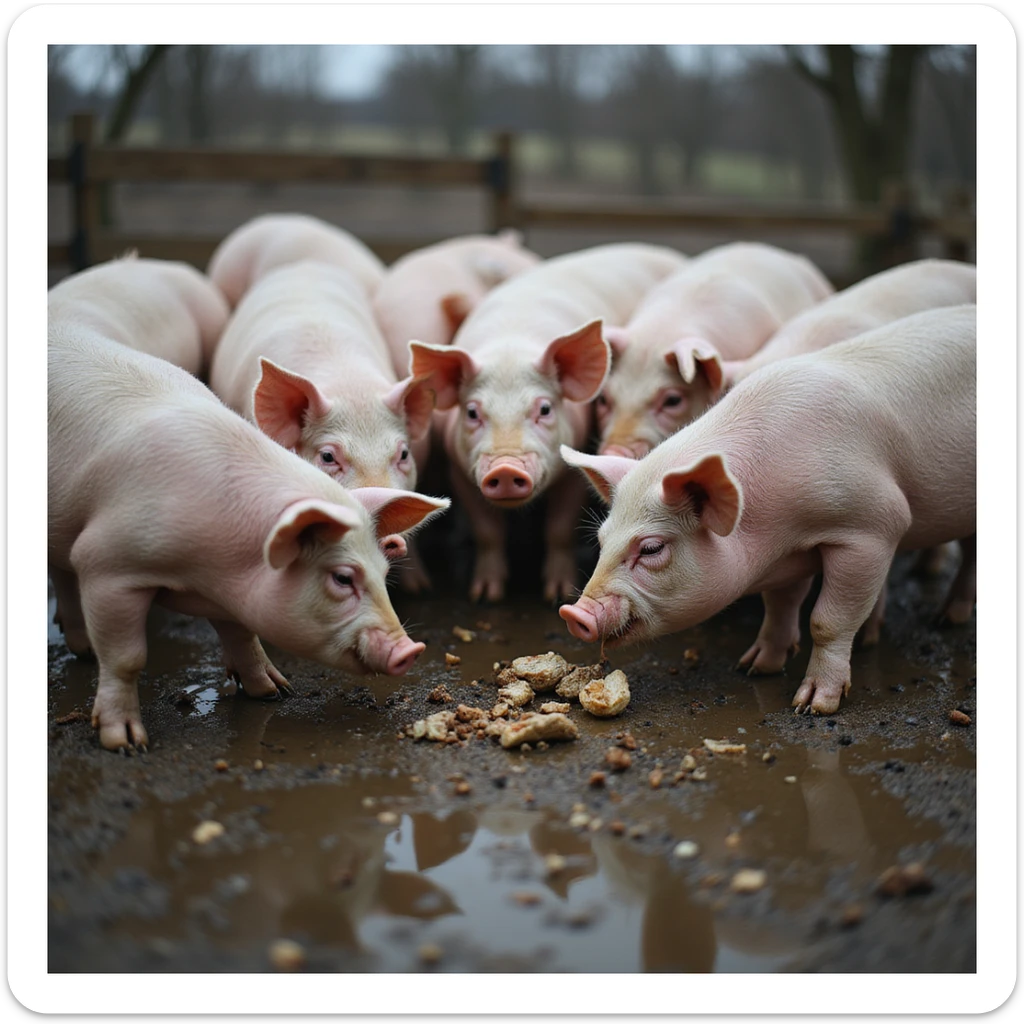 realistic scene of a group of pigs in a muddy pen, some eating leftovers and others approaching feces on the ground, rural atmosphere, natural details, 4K quality sticker