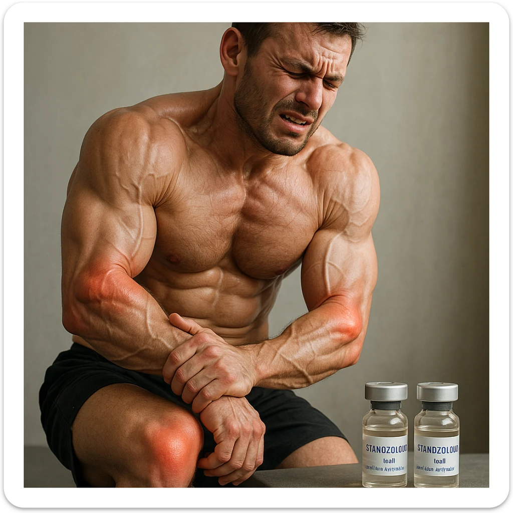 realistic and anatomical crossfit athlete with swollen and painful joints; muscles emphasized; expression of discomfort; vials labeled 'Stanozololo' nearby; natural lighting; neutral background sticker