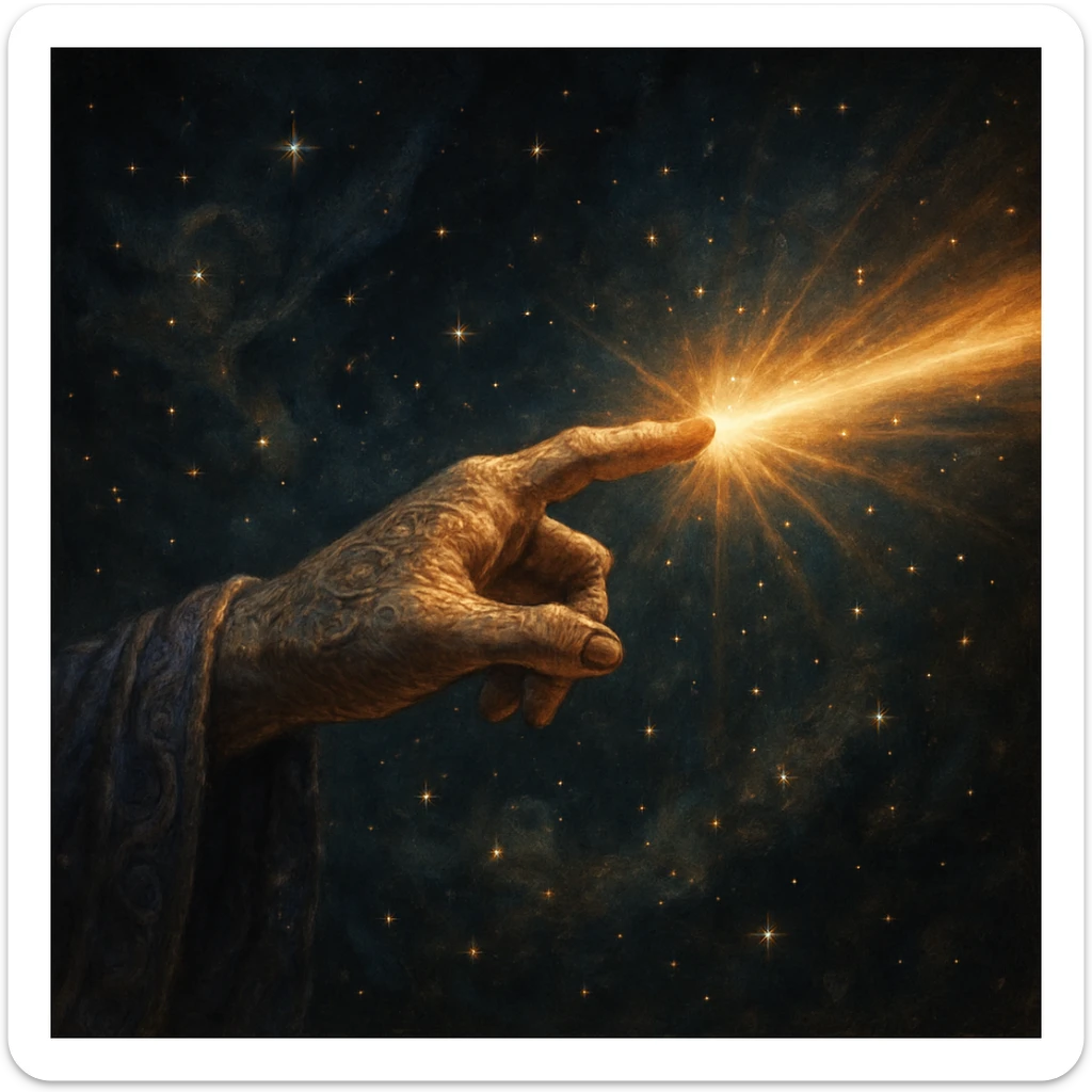 mystical hand pointing outward with a beam of light shooting from the fingertip, no text, fantasy style, not apple emoji style sticker