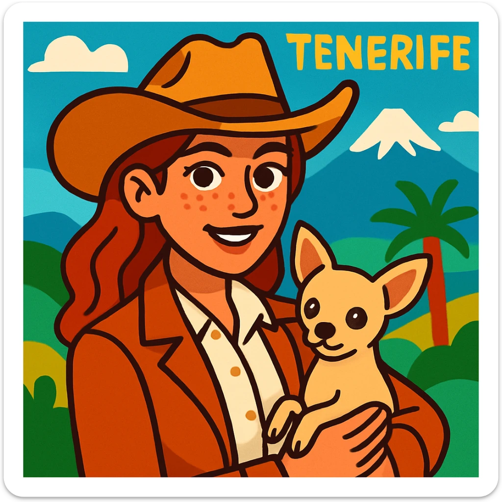 portrait of a cowgirl woman wearing a cream shirt and cognac jacket, freckles, tanned skin, hazel eyes, auburn hair, holding a beige chihuahua in her arms, blurred background of Tenerife, cartoon style sticker