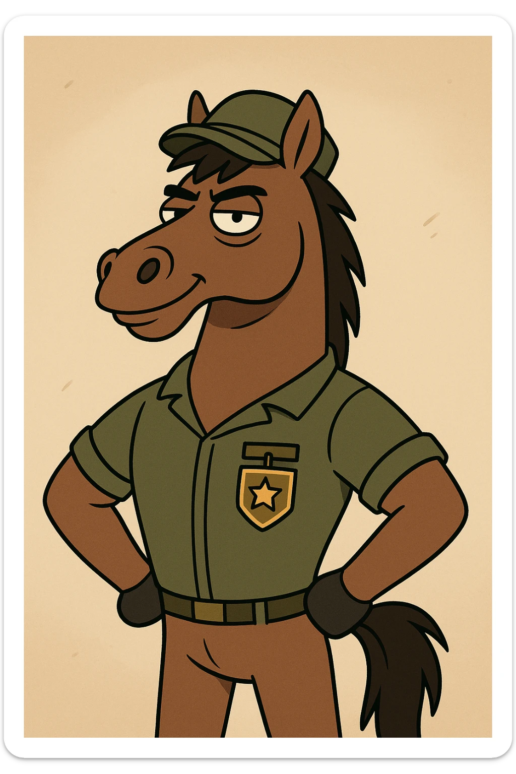 brown horse with an army vibe, cartoon style, standing proudly with a military badge sticker