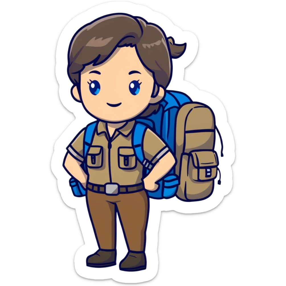 white woman park ranger with gray and brown hair, blue eyes, wearing a backpack sticker