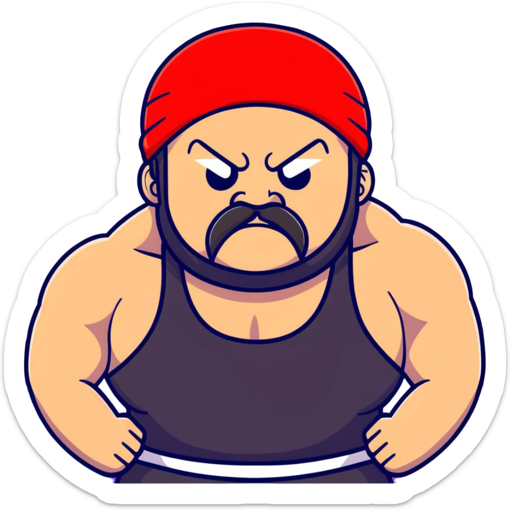 Close-up of very fat white skin guy with young face, beard and mustache, no muscle with prominent black durag, black eyes in a red and black wrestling singlet with angry face sticker