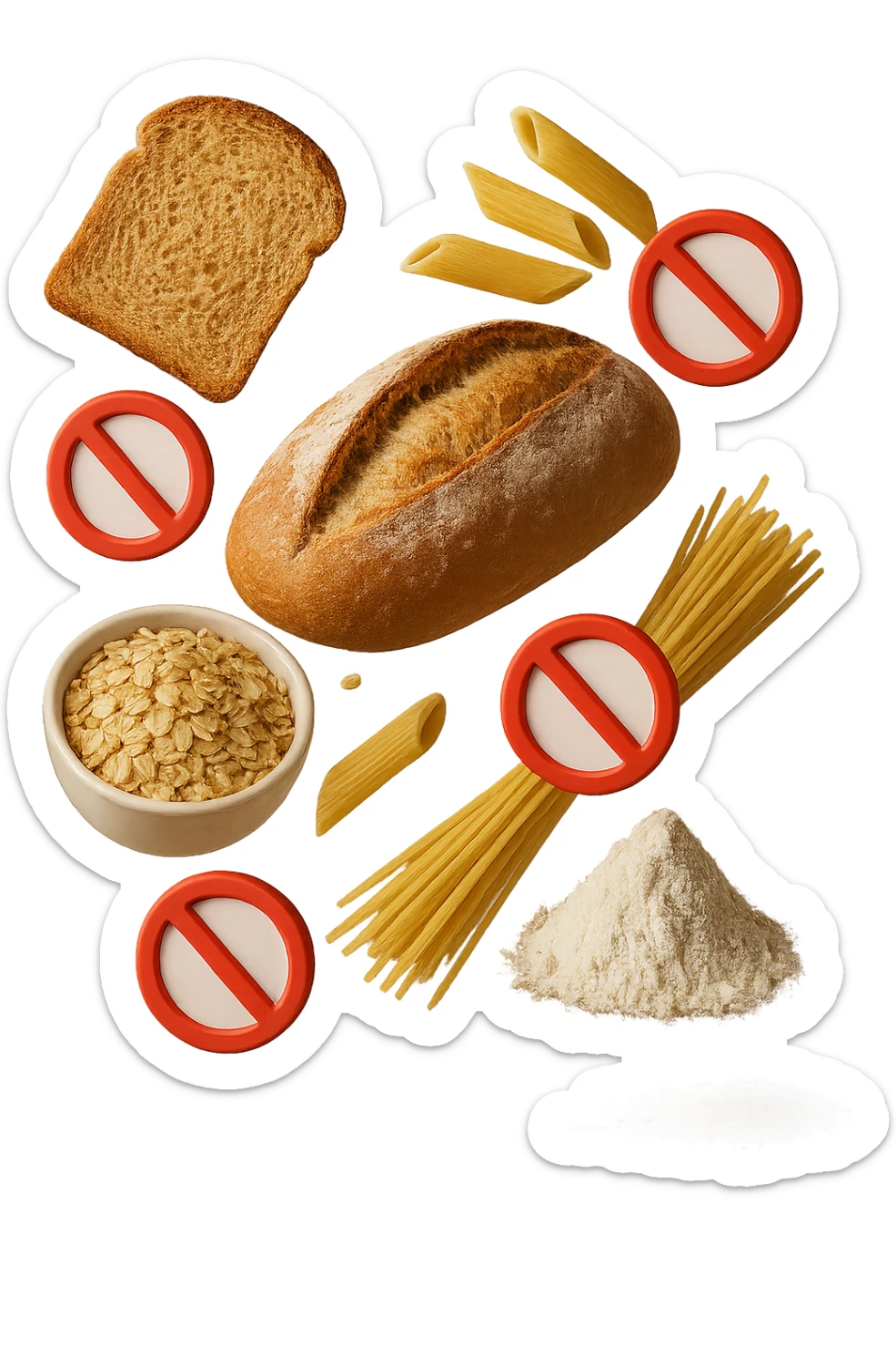 cereali, pane, pasta e farine realistici fluttuano in aria con piccoli divieti 3d, IPERREALISTICO 4K sticker