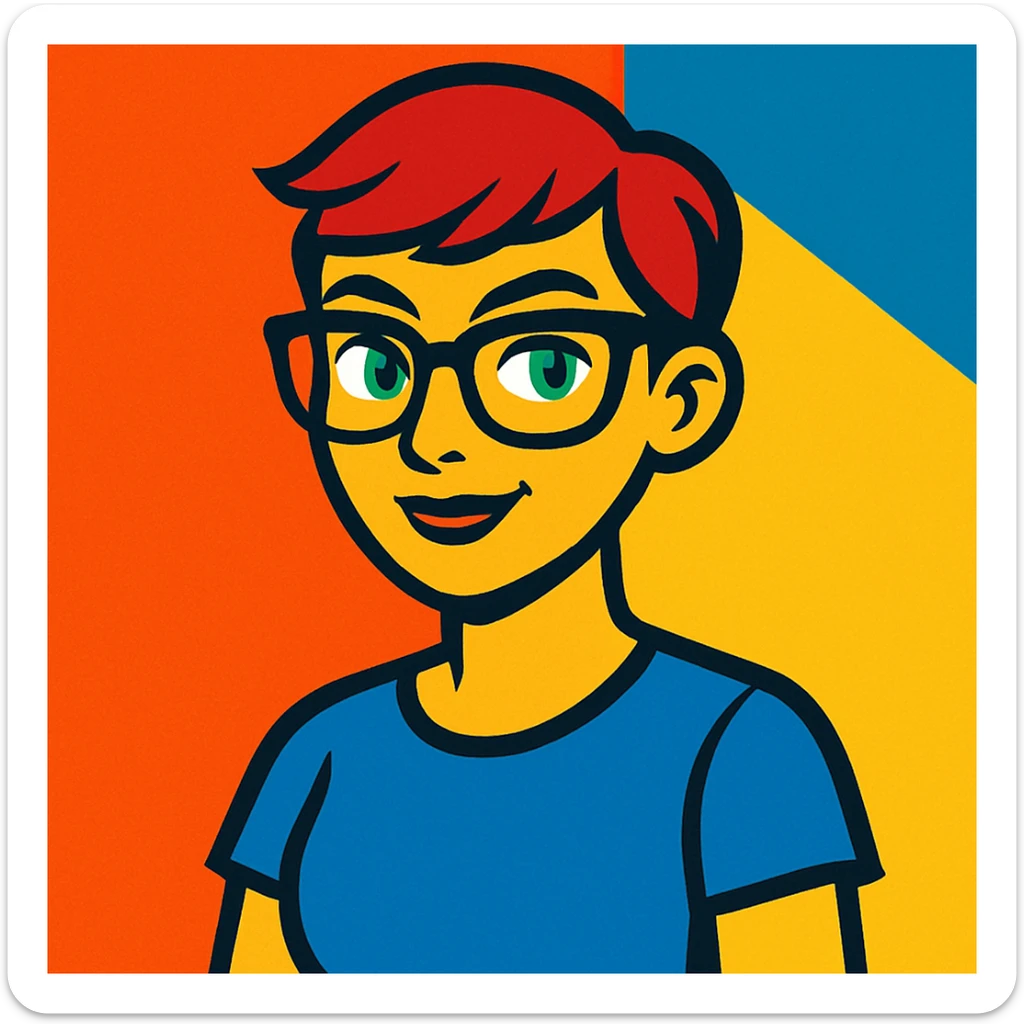 woman with a short pixie haircut, green eyes, glasses, and a short sleeve shirt, vibrant cartoon style sticker