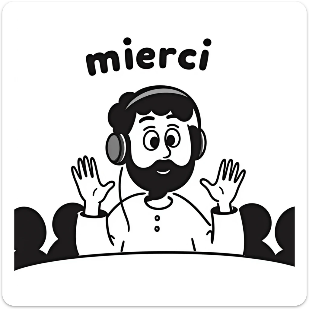 A person with black hair, brown eyes, and a black beard wearing a gaming headset, raising hands saying "merci" to an audience sticker