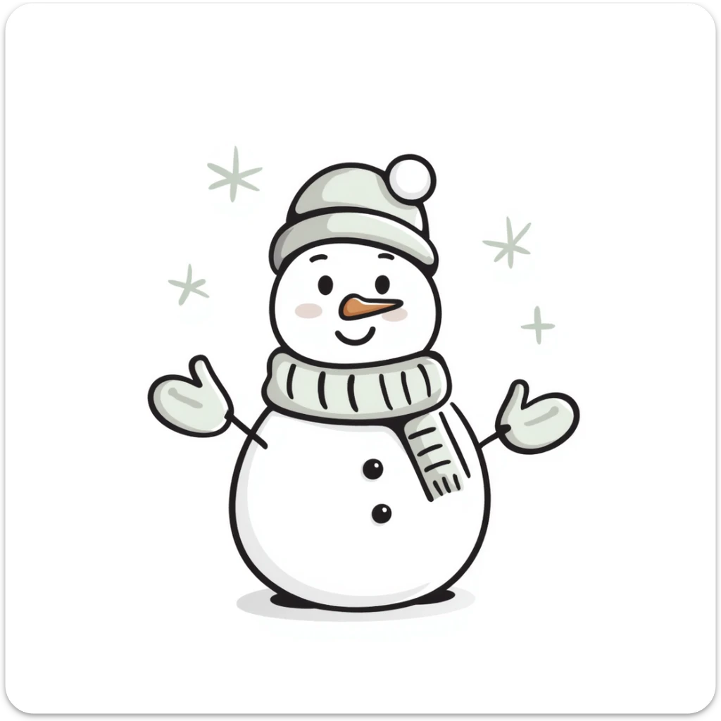 A cute snowman with scarf and winter accessories in pastel colors (dd9fb0, ffc6d3, a3bfc9, c4bee2, f1b091), hand-drawn doodle style sticker