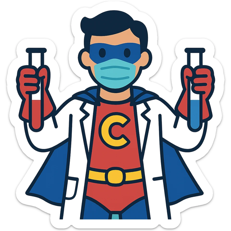 flat toon style chemistry superhero wearing a mask holding test tubes with bold colors sticker
