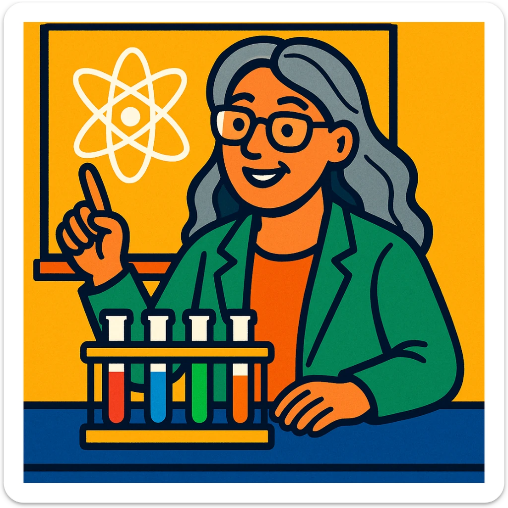 woman science teacher with long graying hair, at a lab table with test tubes, in vibrant toon style sticker