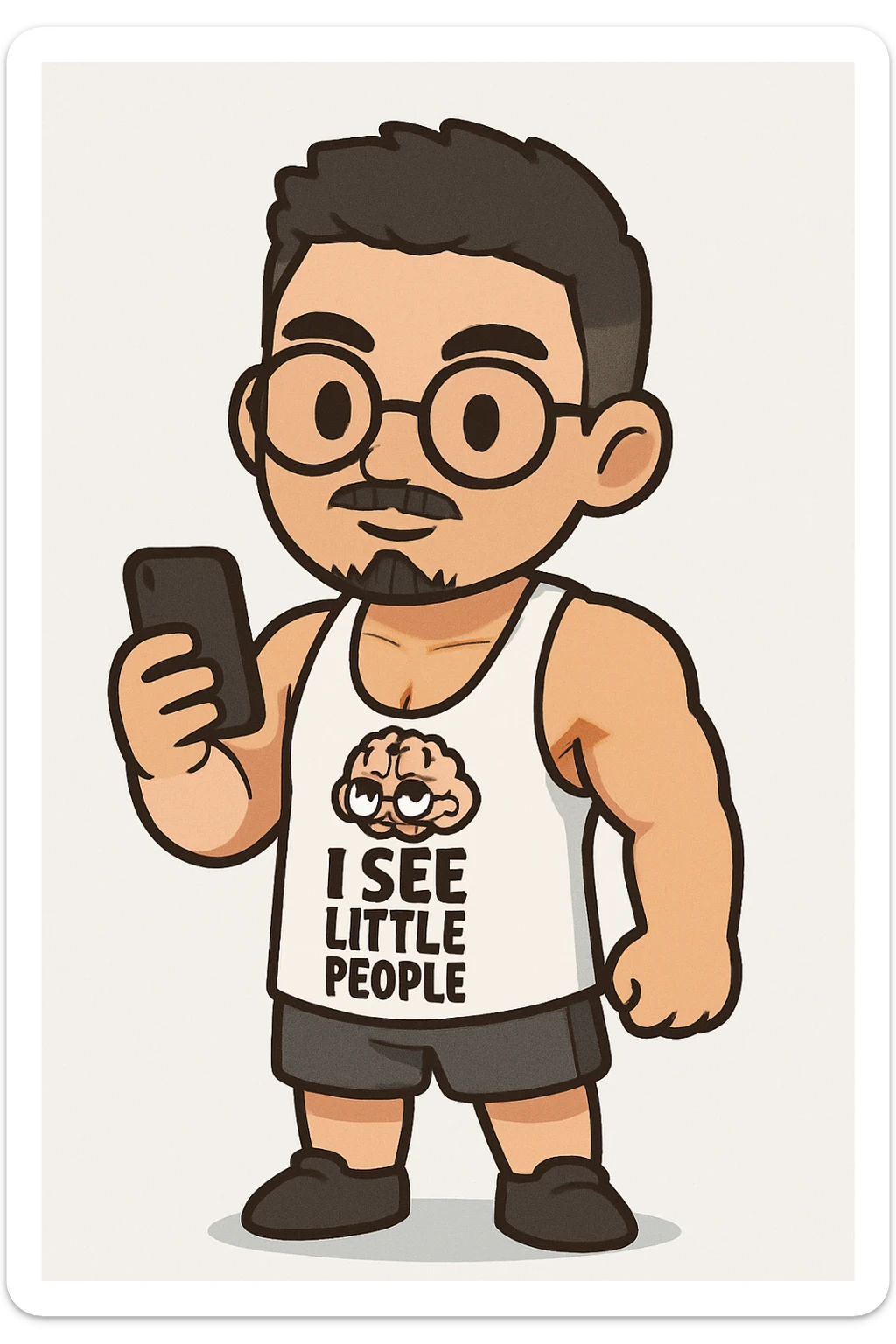 Full body illustration of a young, strong man with short dark hair, round glasses, a mustache and thin goatee, wearing a white gym tank top. Style is cute, cartoon, simplified, with bold black lines and soft colors, matching the chibi stickers style. sticker