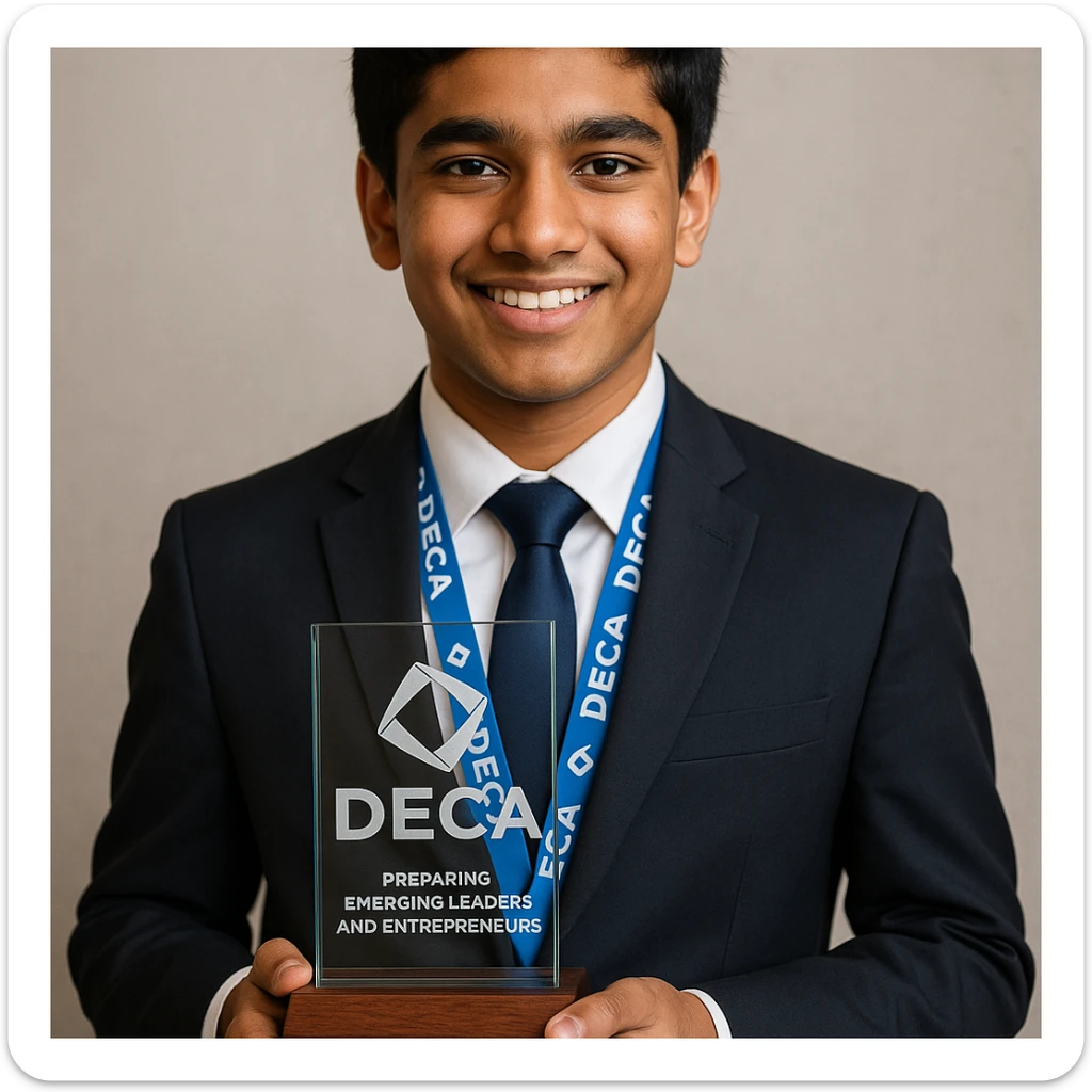 Portrait of an Indian teenage boy in a suit, proudly holding the official DECA glass trophy: a rectangular glass top on a wood base, with the DECA logo and etching clearly visible. The boy is wearing a DECA lanyard and smiling confidently. sticker