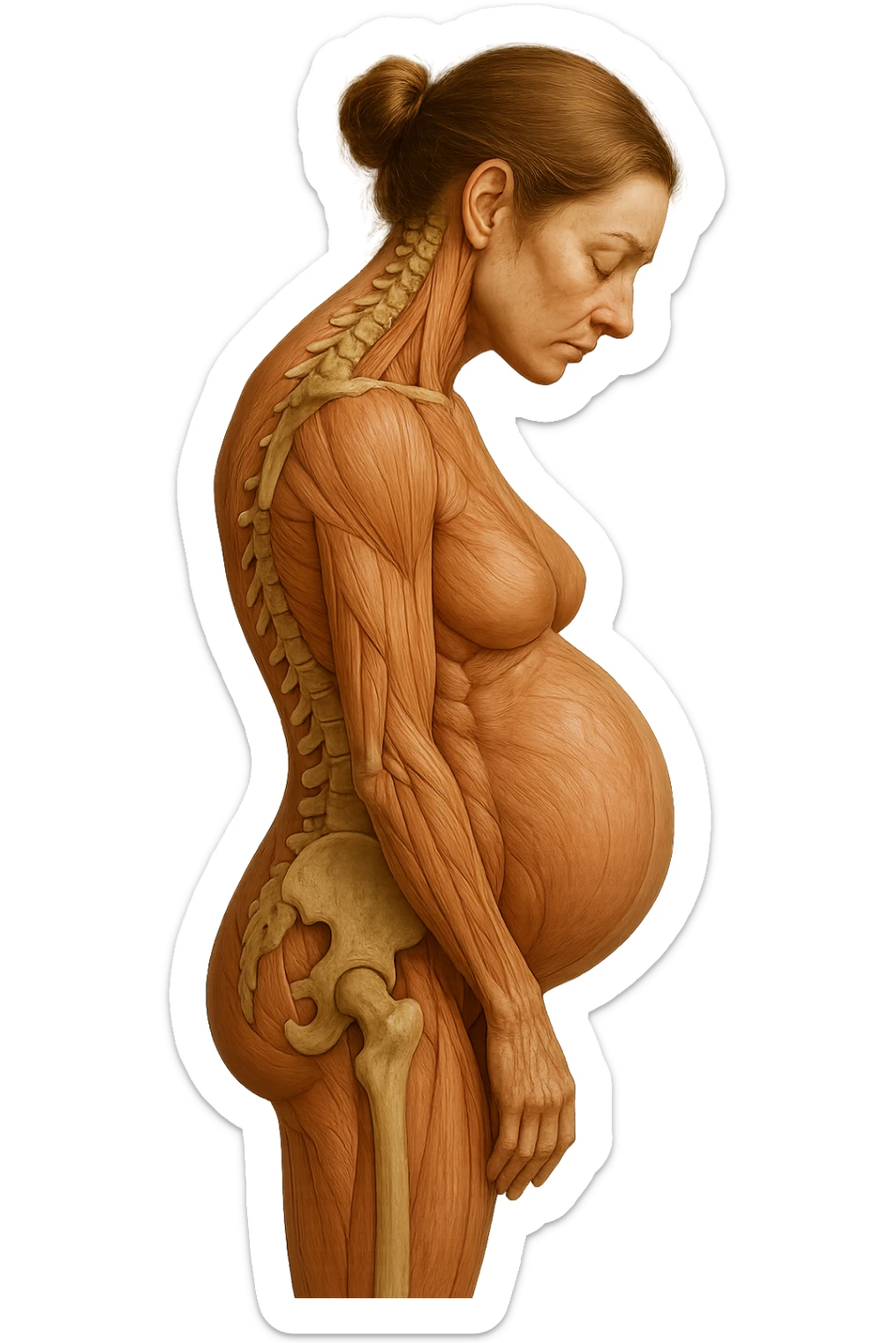 donna in gravidanza di profilo con spina dorsale in evidenza, postura storta, spalle chiuse in avanti, iperrealistica 4k sticker