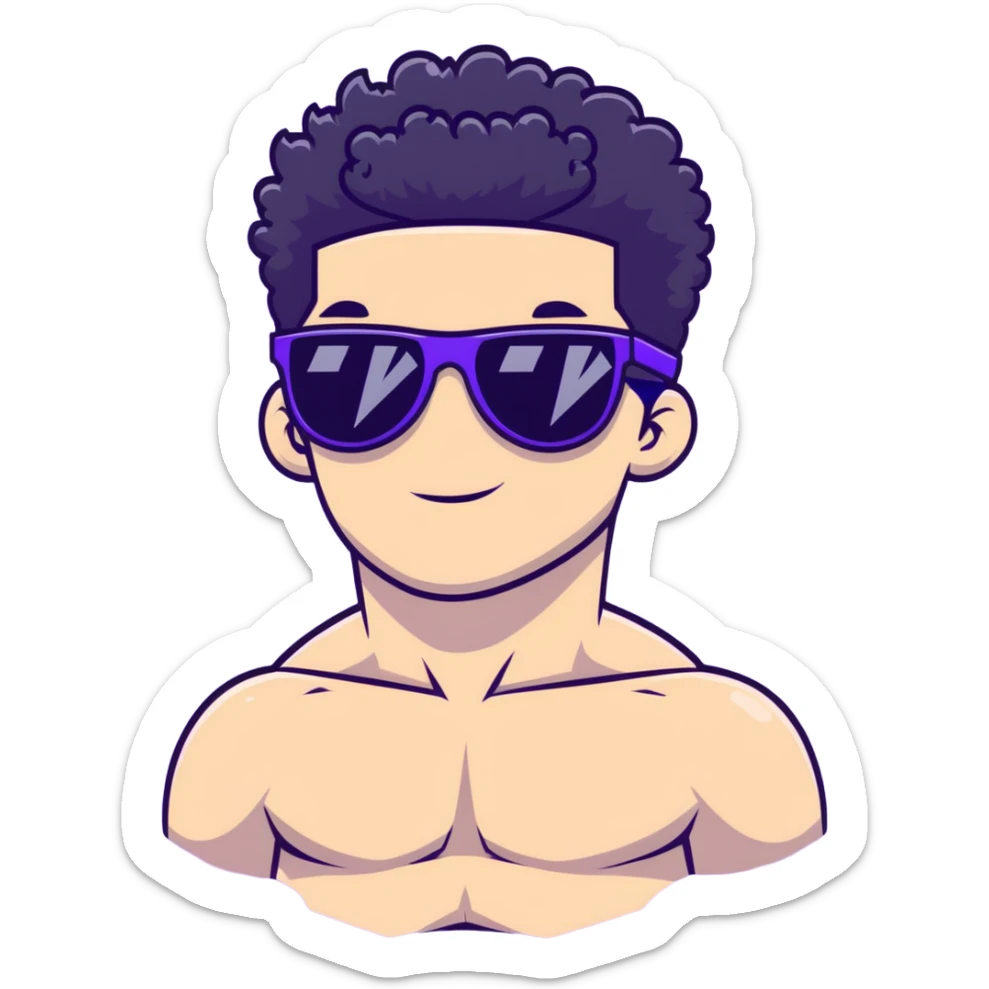 shirtless male athlete with white skin and moderately curly black hair on top with shaved sides, wearing purple sunglasses with black tinted lenses sticker