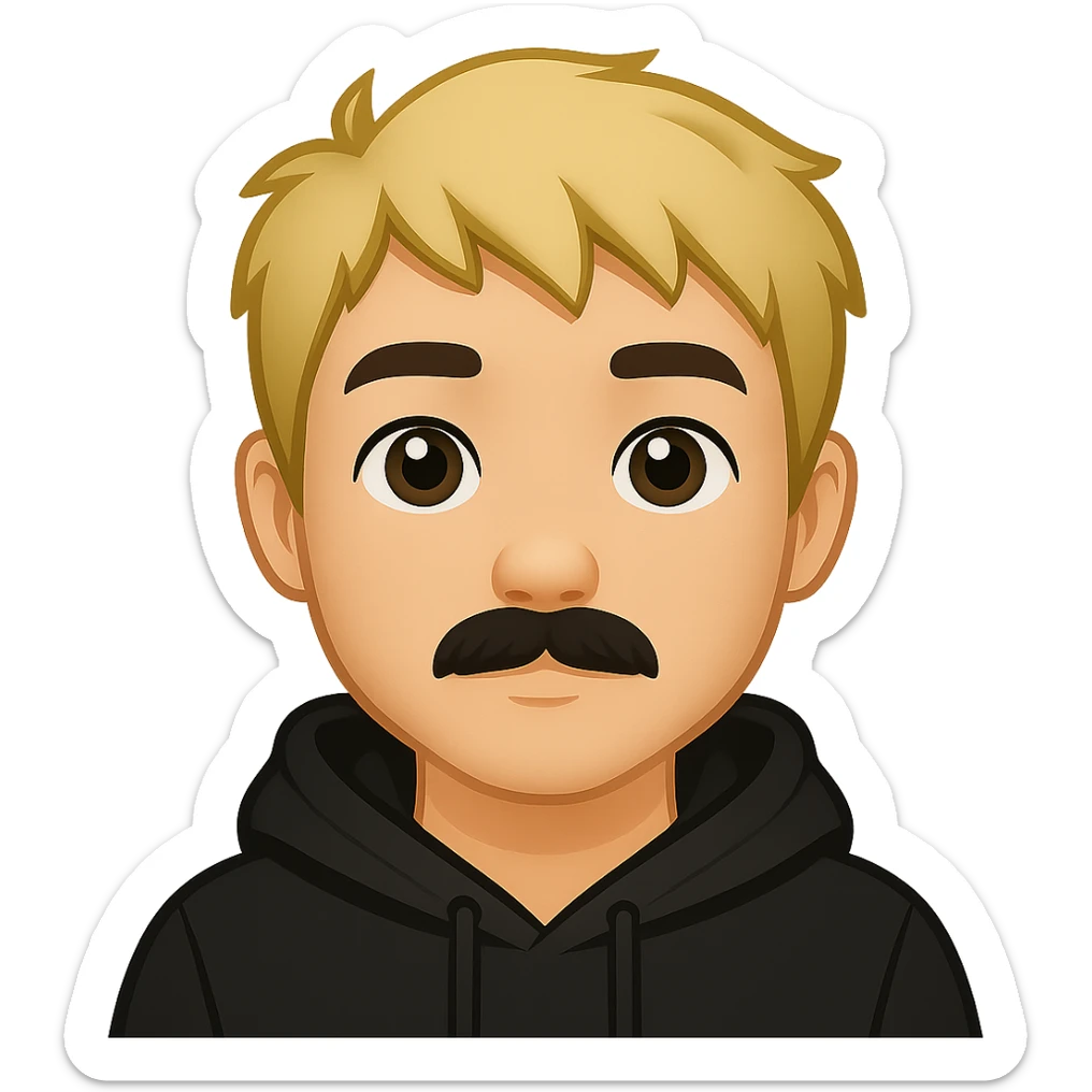 Add a black hoodie to the Asian man with a small mustache and short messy blond hair in emoji style. Preserve the transparent background. sticker