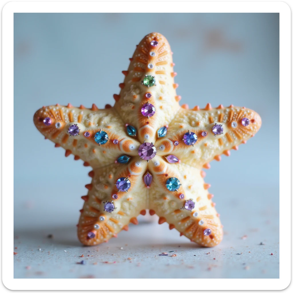 photorealistic sea star with pastel rainbow hues, decorated with rhinestones and glitter, soft lighting, natural texture, gentle cute expression sticker