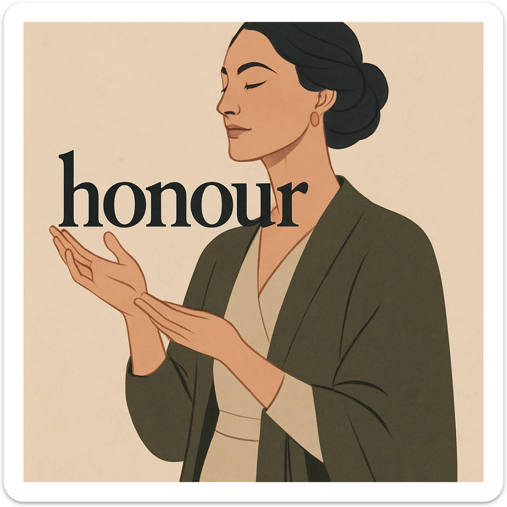 a dignified modern illustration of a woman holding the word 'honour' sticker