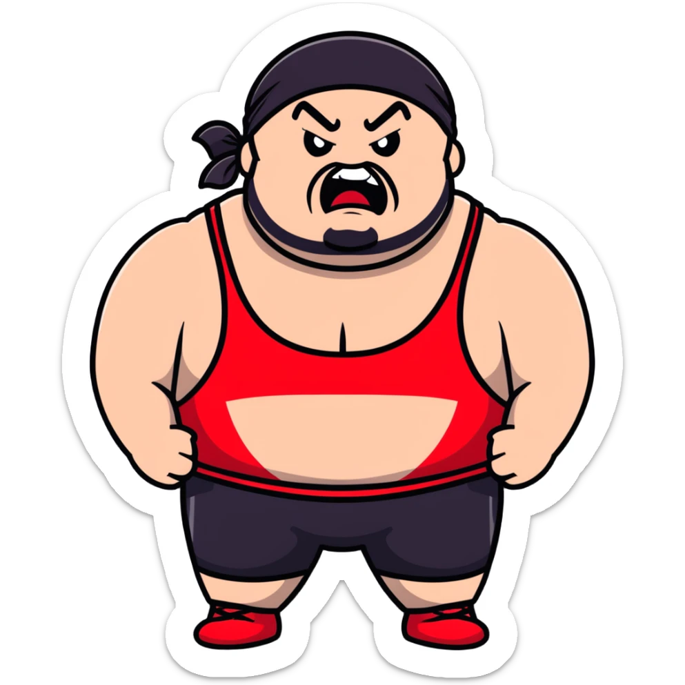 White skin fat guy with prominent black durag, shaved beard stubble, black eyes in a red and black wrestling singlet with angry face sticker