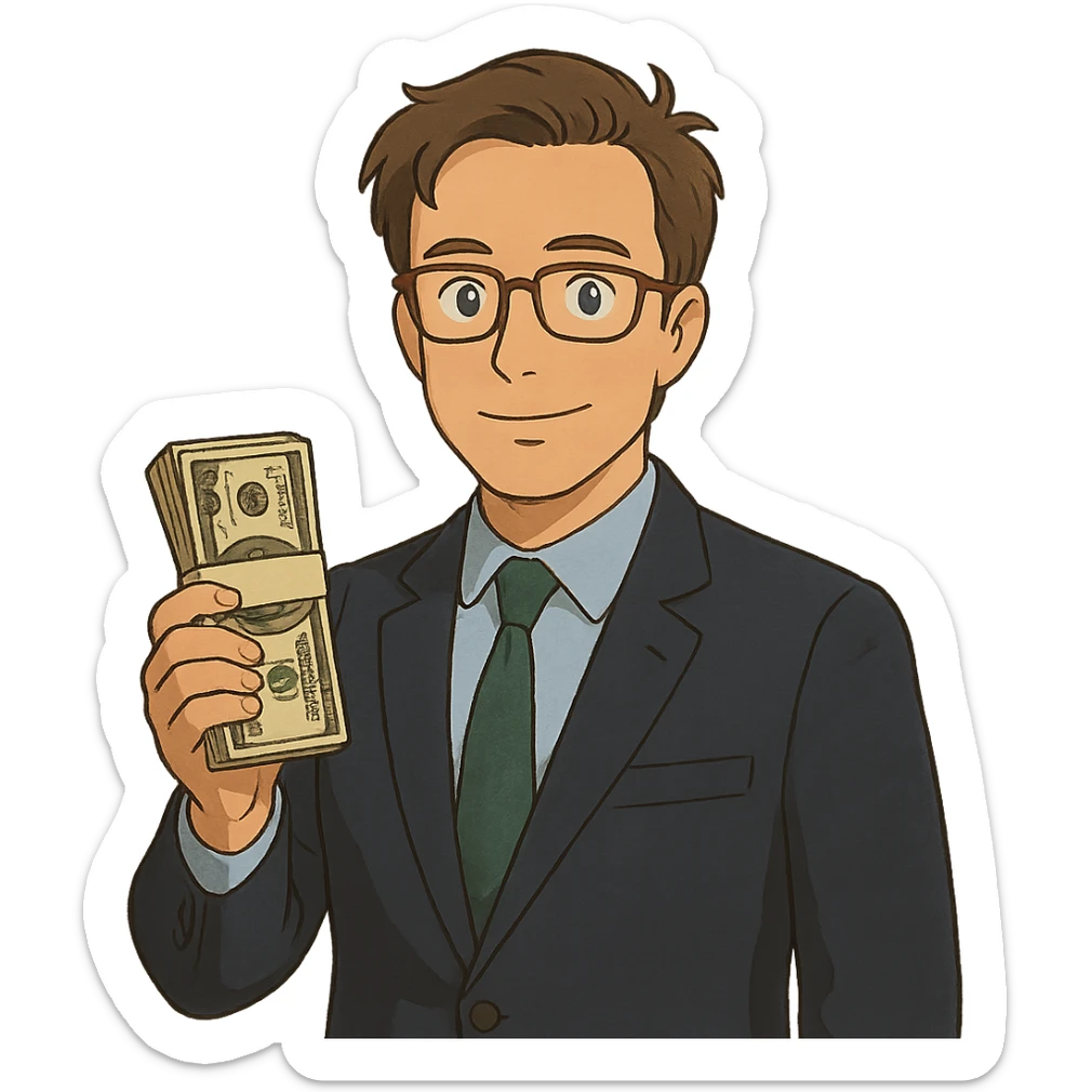 ghibli style Nikolai Astrup, Norwegian politician, holding a pack of money in his hand sticker