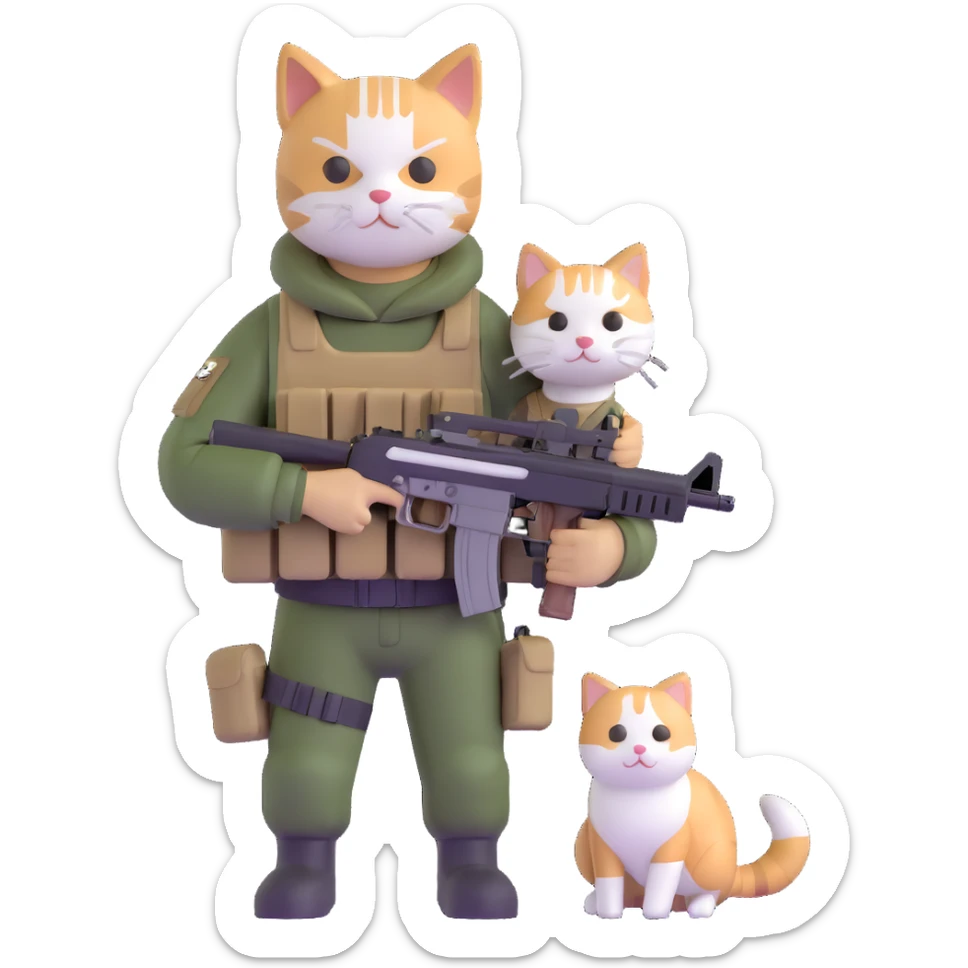 Man in tactical airsoft gear holding a gun in one hand and a white and brown cat in the other hand sticker