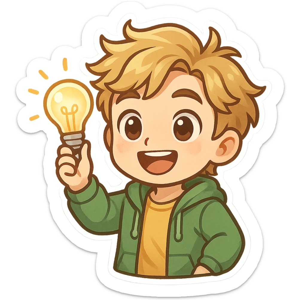 bright and expressive male visionary, fair skin, tousled golden hair, wide joyful eyes, wearing a green hoodie over a yellow tee, one hand raised with a glowing lightbulb, waist-up, front-facing sticker