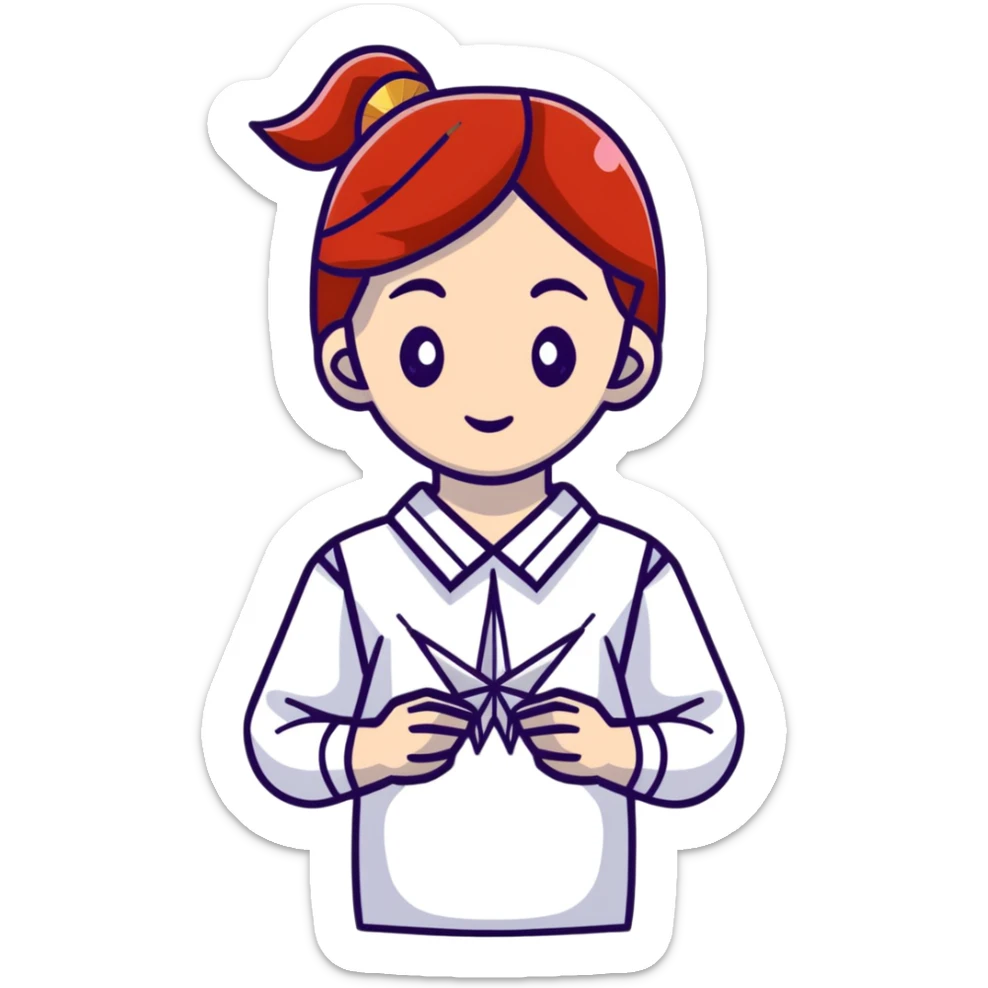 Ukrainian young girl in a white embroidered traditional shirt (vyshyvanka) holding origami paper crane sticker
