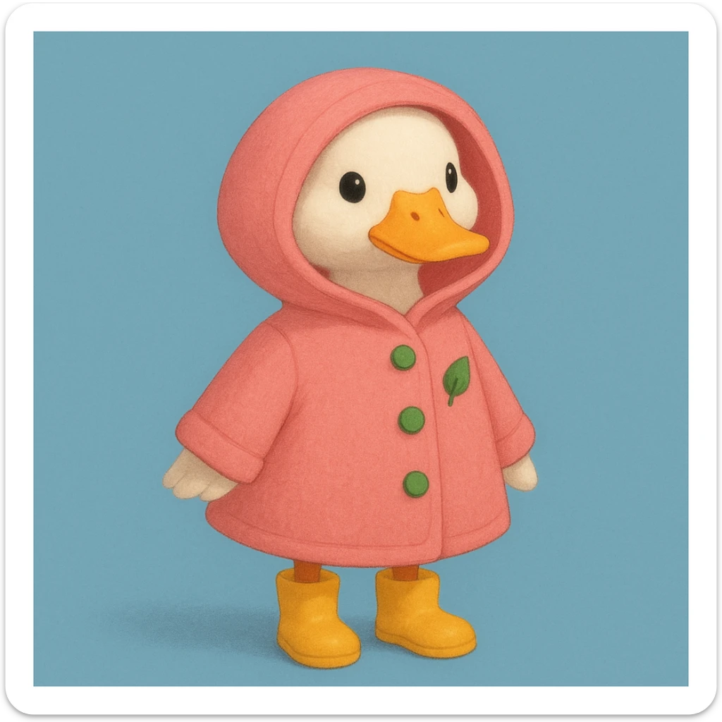 A duck wearing a pink hooded coat with green buttons and a green leaf on the chest, and yellow boots. The background is plain and blue. sticker