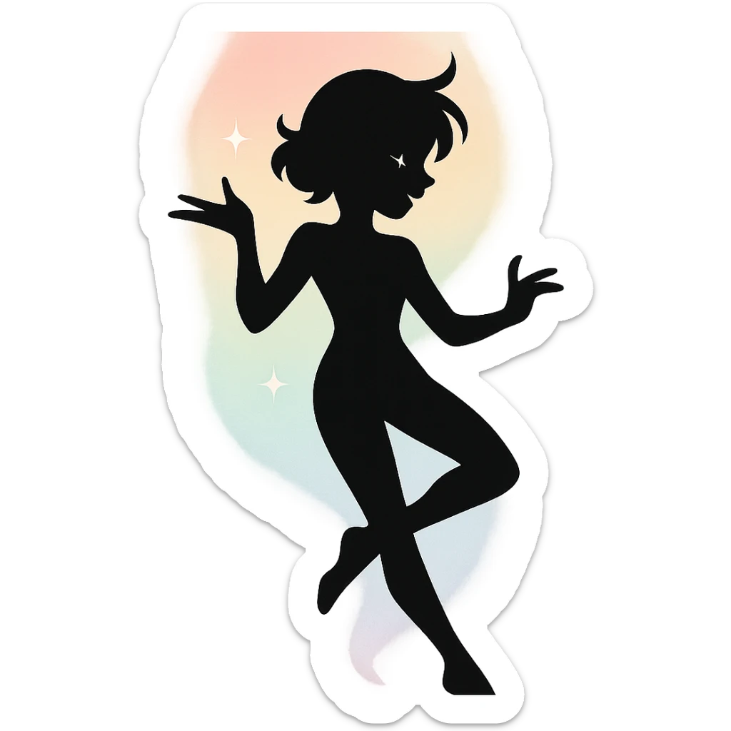minimalist silhouette of a radiant, delicate figure with a soft pastel aura, a hint of sparkle in the eyes, and a graceful pose, exuding carefree charm and playful chaos sticker