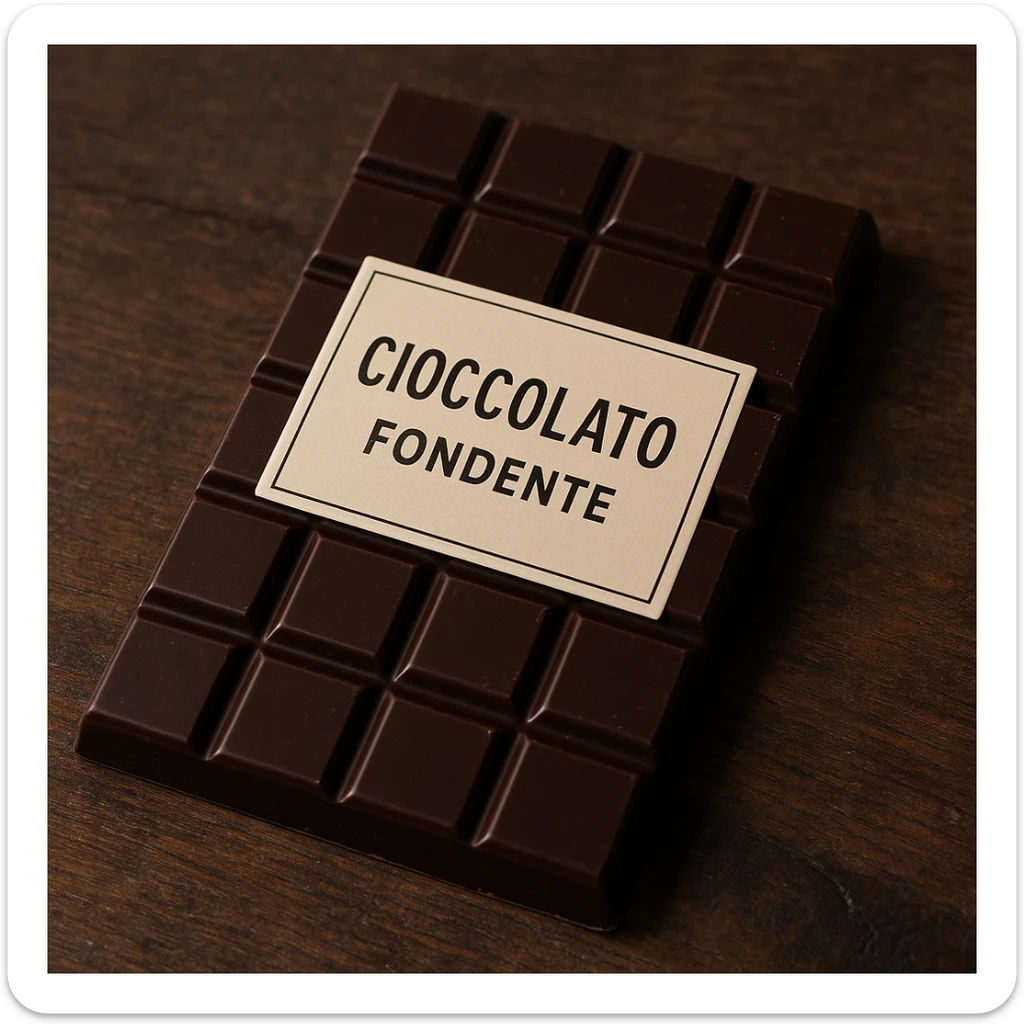 photo realistic dark chocolate bar with the label 'cioccolato fondente' in Italian sticker