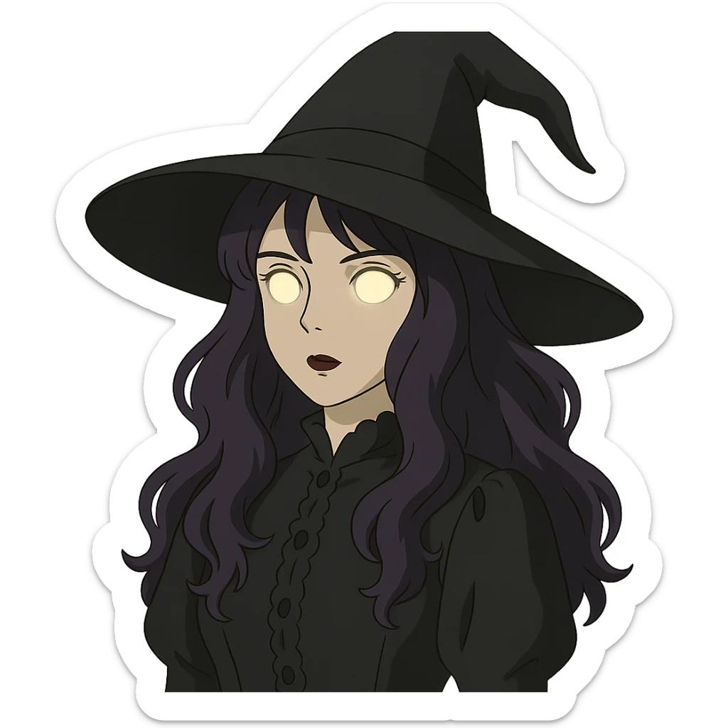 gothic woman with purple hair, witchy touch, wearing a witch hat and glowing eyes, ghibli style sticker