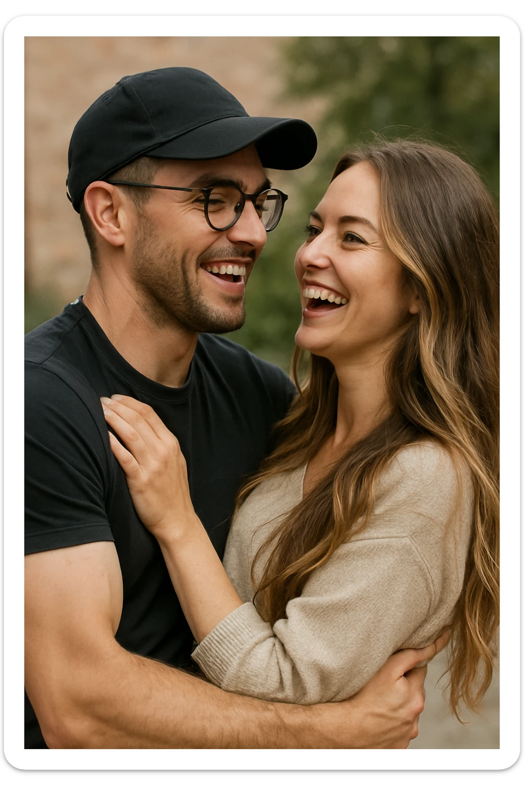 A man with a cap, glasses, strong arms, brown eyes, very short dark chestnut hair, and light skin, holding a woman with green eyes and very long brown-blonde balayage hair. They are laughing at each other. sticker