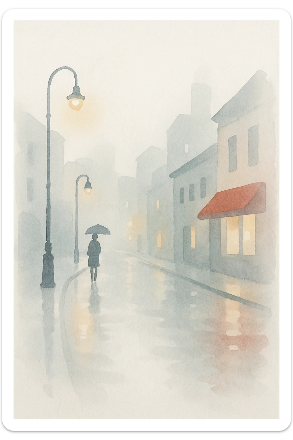 dreamy watercolor depiction of rain falling on a quiet city street, with glowing reflections on the pavement sticker