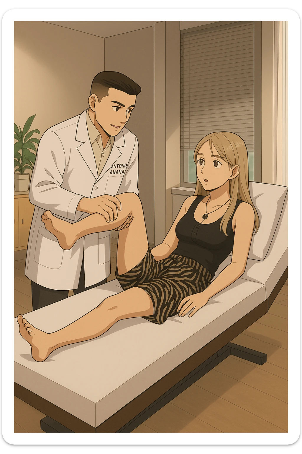 fai un webtoon/manga a colori con questo kinesiologo in camice bianco (fagli la scritta "ANTONIO ANANIA" SUL CAMICE) CHE SVOLGE UN TEST NEUROMUSCOLARE SOLLEVANDO UNA GAMBA ALLA RAGAZZA CHE è STESA SU UN LETTINO BIANCO. STANZA SEMPLICE E MODERNA, DURANTE IL TEST I DUE DIALOGANO TRA LORO. NON FARE I FUMETTI, FAI SOLO LORO COME SE DIALOGASSERO sticker